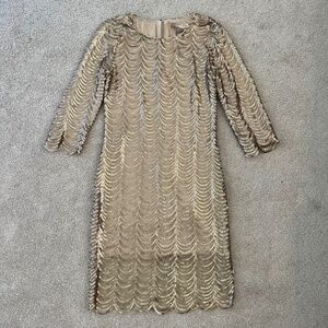 Forever 21 Love 21 Champagne Gold Metallic Scallop Sequin 3/4 Sleeve Dress XS